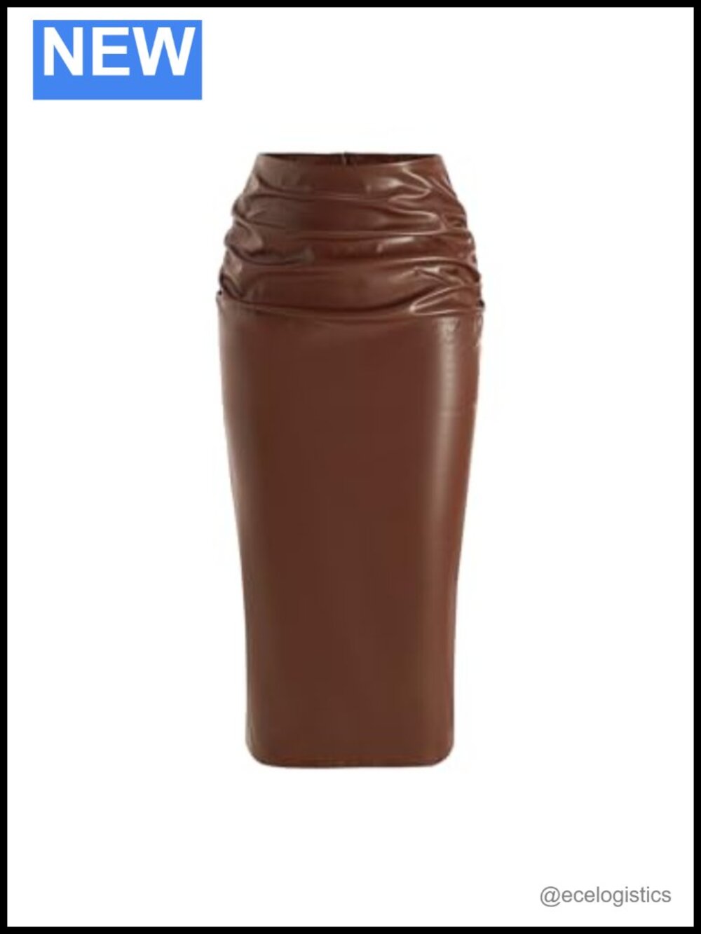 PU Leather Ruched Bodycon High Waisted Pencil Midi Skirt W/ Back Slit